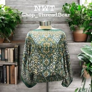 Ornate [Max Studio] Emerald Green + Gold NWT Blouson Batwing Floral Blouse | XL